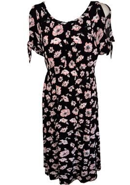 Mimi MM Maternity Black Dress Pink Flowers Cold Shoulder Sleeves Empire Waist SP